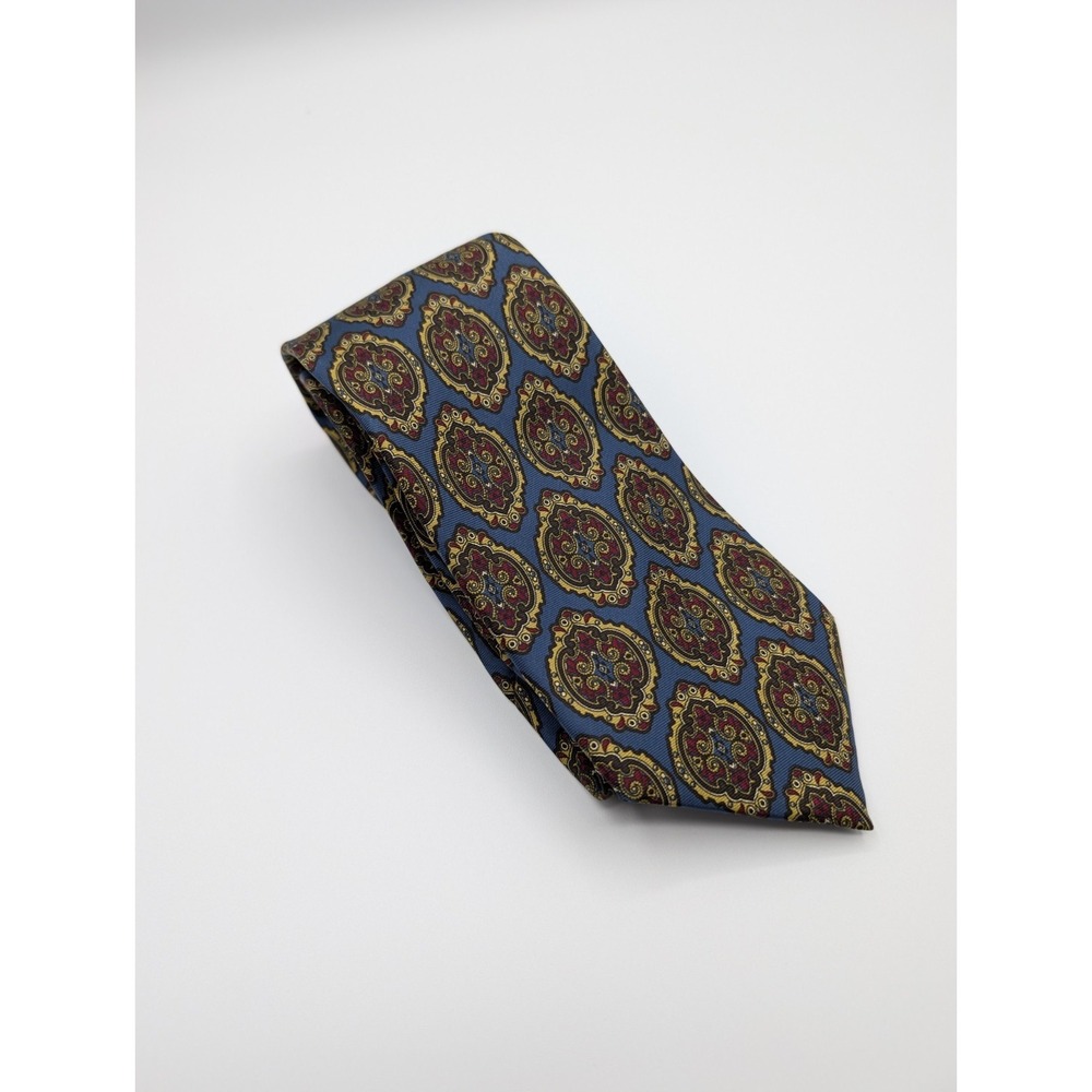 Vintage Stonehenge Tie Blue Red Gold‎ Paisley Medallions 100% Silk USA Hand Made